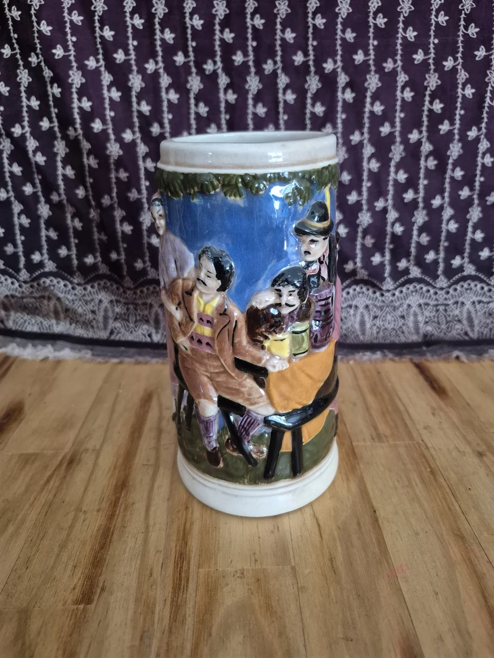 Hand-Painted Ceramic Figural Beer Stein in Blue and Pink